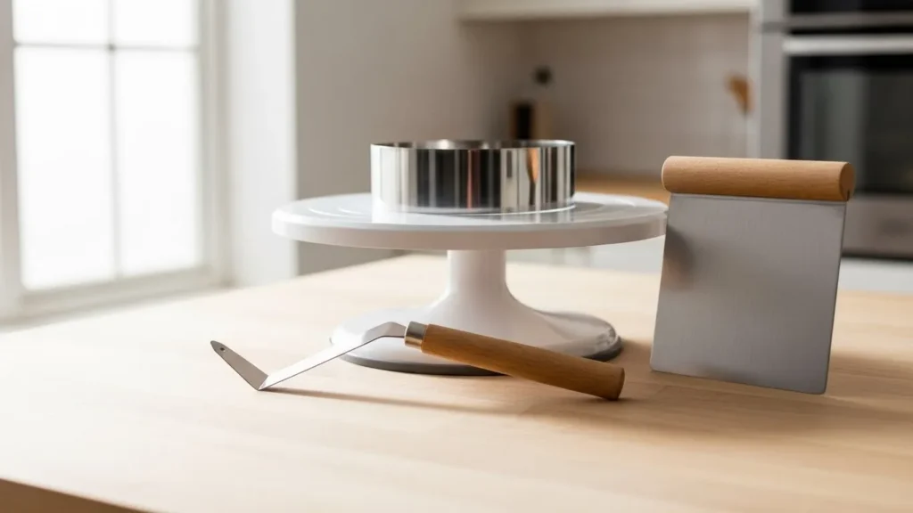 Wichtiges Werkzeug zum Einstreichen von Torten: Winkelpalette, Teigschaber und Drehteller.