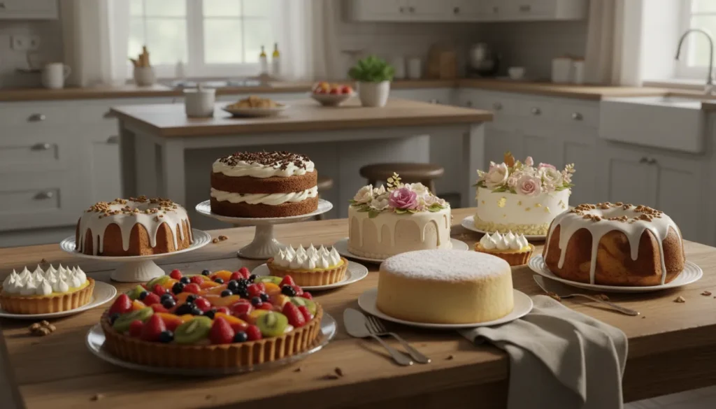 Auswahl selbstgemachter Torten mit Creme, Früchten und Dekoration.