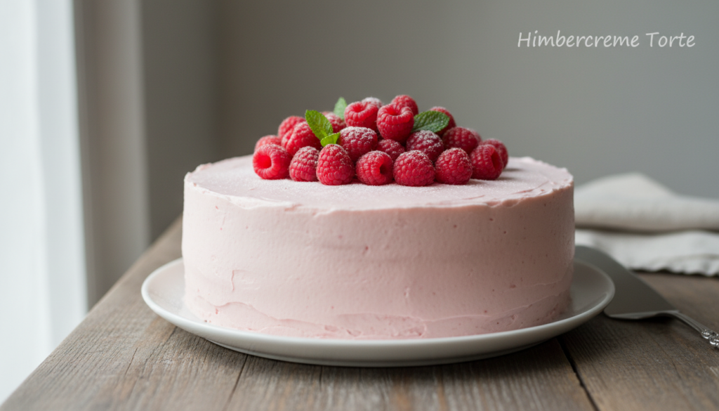 Himbeercreme Torte ohne Gelatine mit frischen Himbeeren.