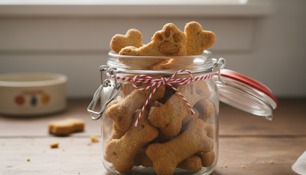 Luftdichtes Einmachglas gefüllt mit Hundekeksen und mit Schleife dekoriert