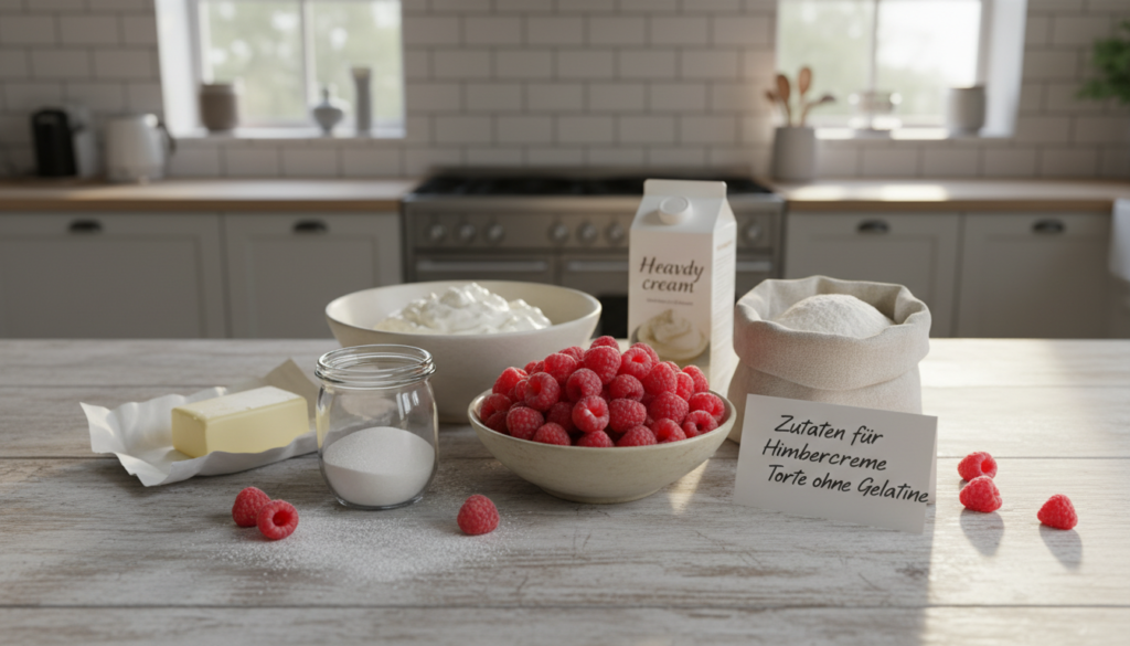 Zutaten für Himbeercreme Torte ohne Gelatine übersichtlich dargestellt.