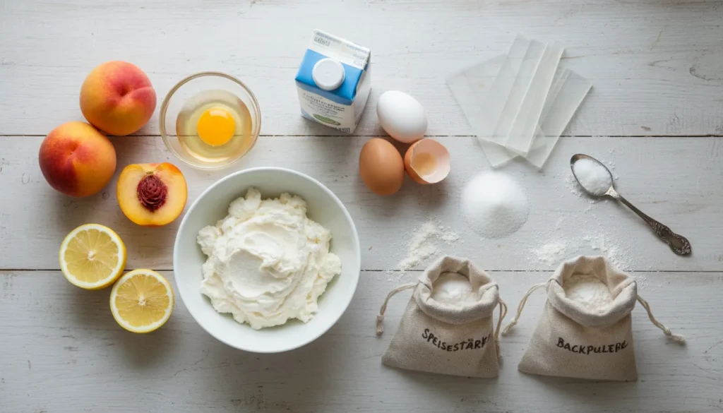 Zutaten für Quark Sahne Torte mit Pfirsichen übersichtlich vorbereitet.