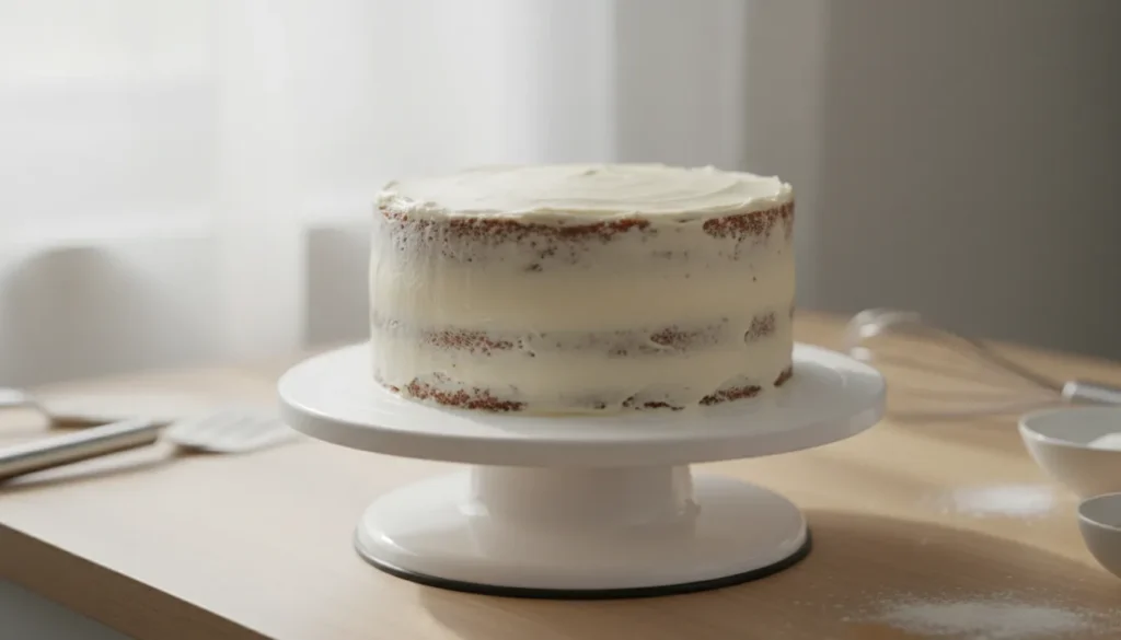 Krümelschicht auf einer Torte zum Binden von Kuchenkrümeln vor dem finalen Einstreichen.