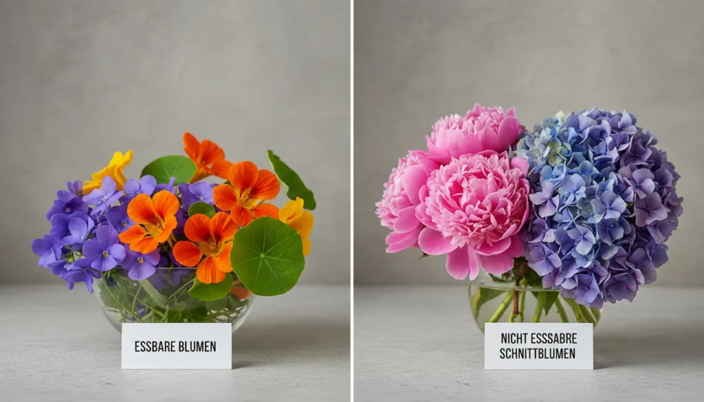 Vergleich zwischen essbaren und nicht essbaren Blumen für Tortendekoration.