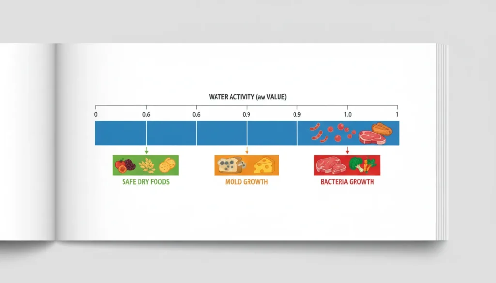 Darstellung der Wasseraktivität (aw-Wert) und ihrer Bedeutung für die Haltbarkeit von Hundekeksen.