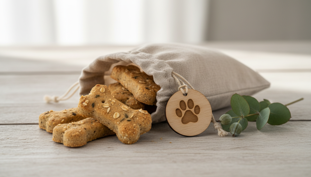 Nachhaltiges Leinen-Säckchen mit Hundeleckerlis und Pfoten-Anhänger