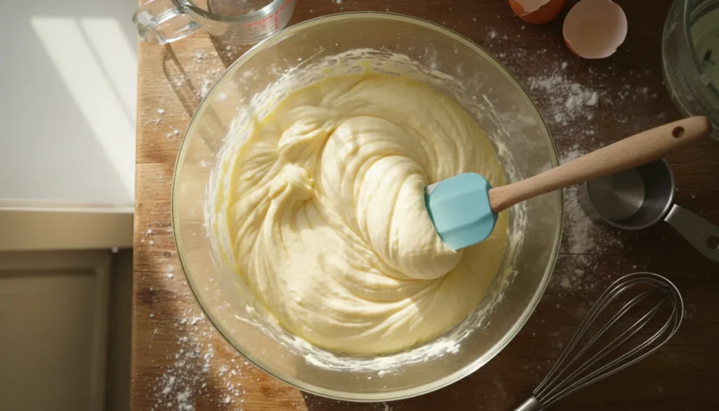 Biskuitteig vorsichtig unterheben für einen lockeren Tortenboden.