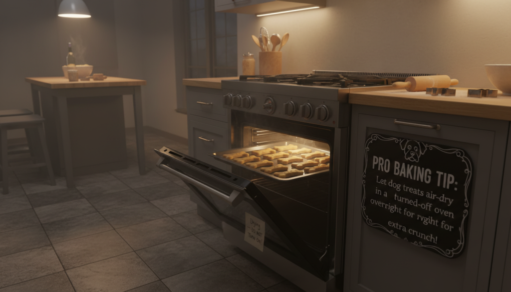 Hundekekse nachtrocknen im ausgeschalteten Ofen mit leicht geöffneter Tür.