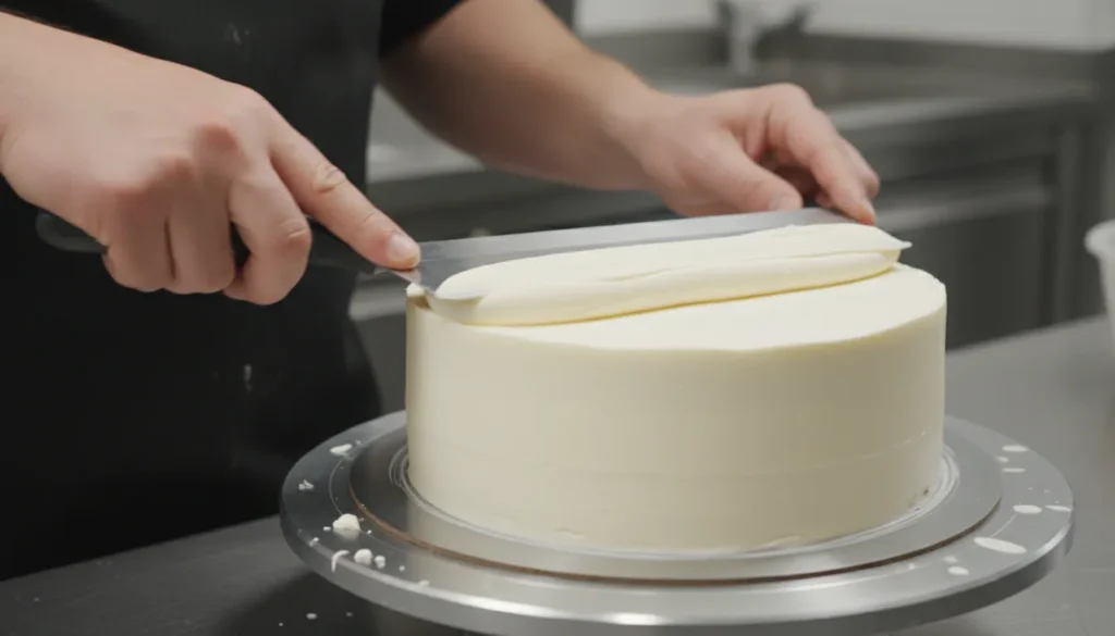 Tortenoberfläche mit Winkelpalette glattstreichen auf dem Drehteller.