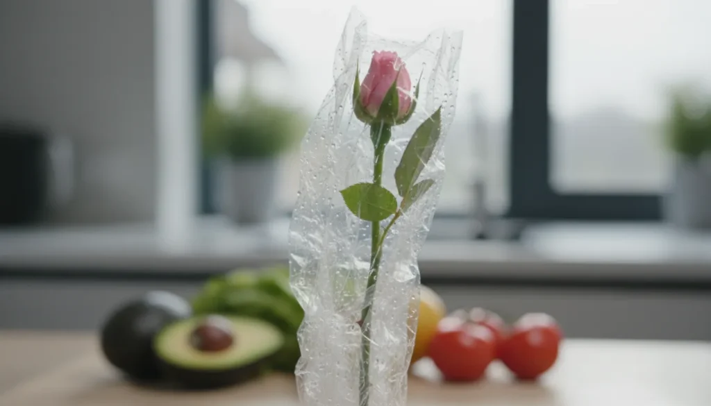 Blumenstiel mit Lebensmittelfolie umwickelt zur sicheren Verwendung auf Torten.