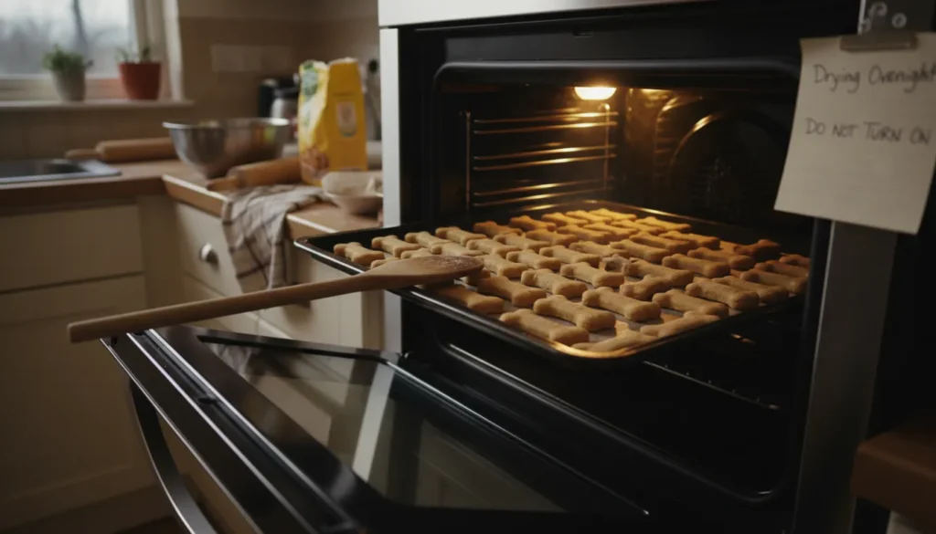 Nachtrocknen von Hundekeksen im ausgeschalteten Ofen zur Reduzierung der Restfeuchte.
