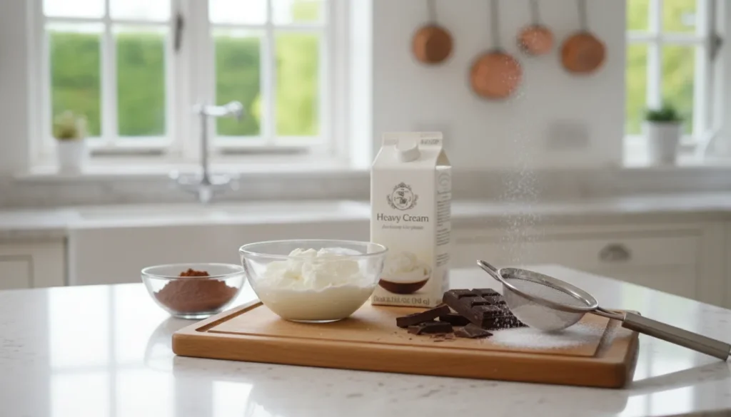 Zutaten für Mascarpone Schokocreme: Mascarpone, Sahne und Zartbitterschokolade.