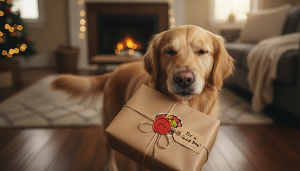 Glücklicher Hund schnuppert an einem Geschenk mit selbstgemachten Leckerlis