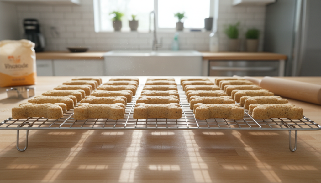 Hundekekse vollständig auf einem Gitterrost auskühlen lassen vor dem Lagern.