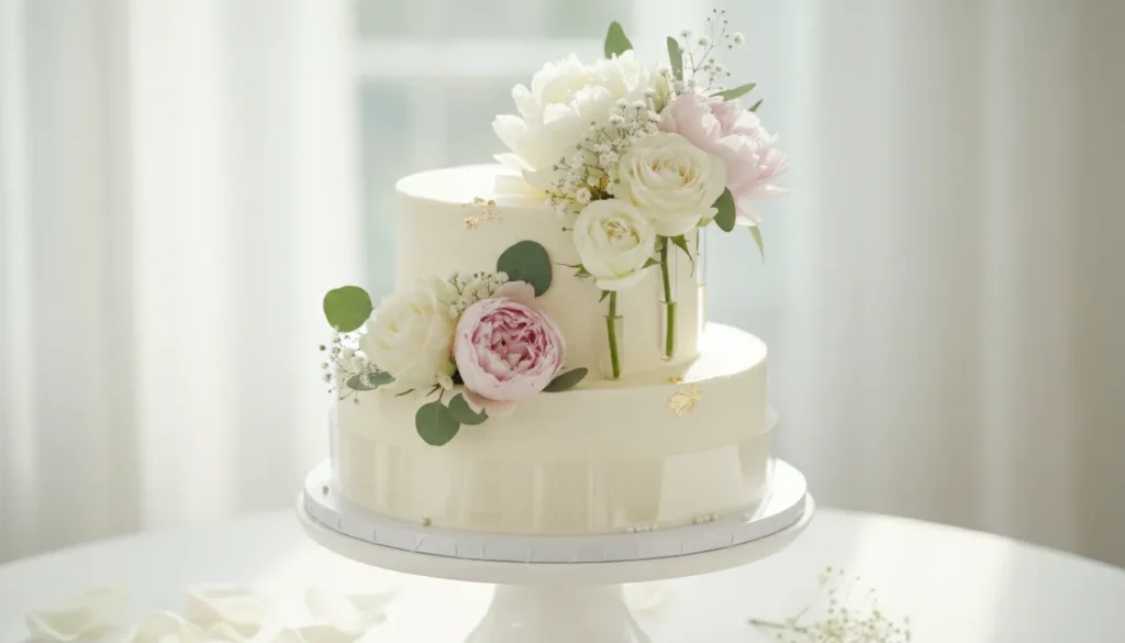 Torte mit echten Blumen, sicher platziert ohne direkten Kontakt zur Creme.