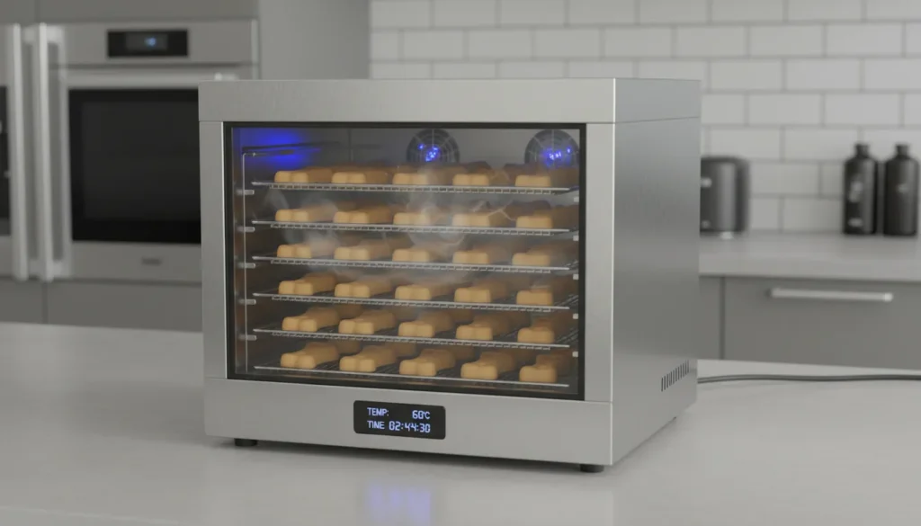 Dörrautomat zur kontrollierten Trocknung von Hundekeksen für längere Haltbarkeit.