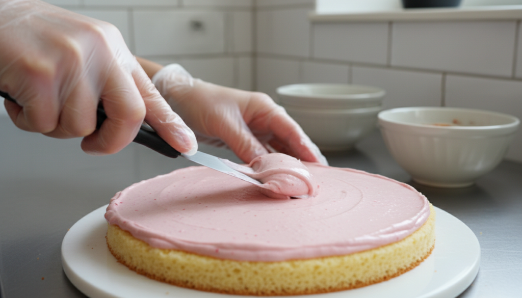 Himbeercreme ohne Gelatine auf Tortenboden glatt gestrichen.