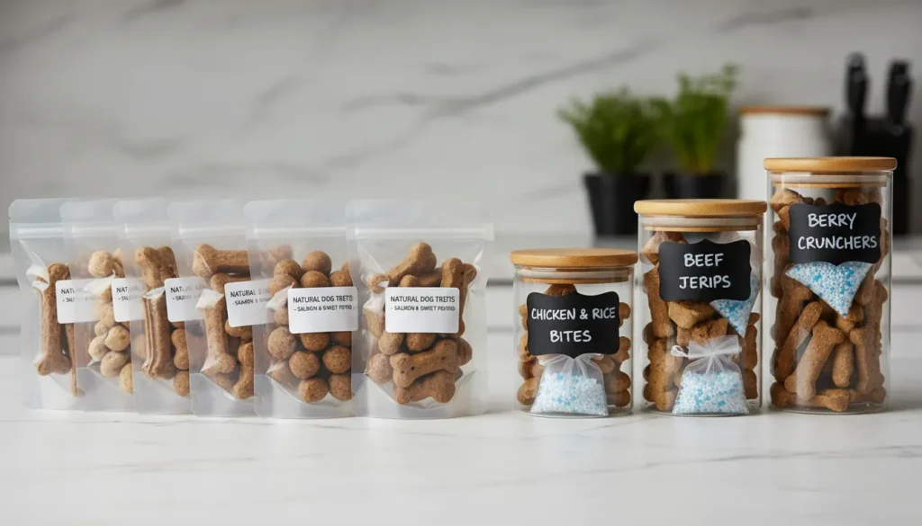 Vakuumierte Hundekekse und Feuchtigkeitskontrolle zur sicheren Lagerung.