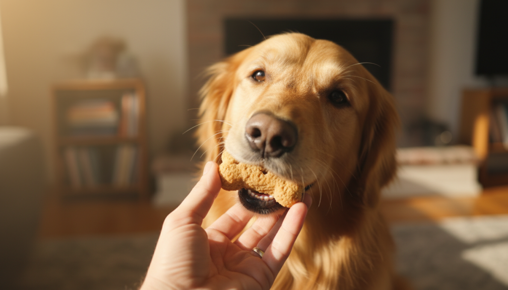 Glücklicher Hund frisst selbstgebackenen Hundekeks aus der Hand.