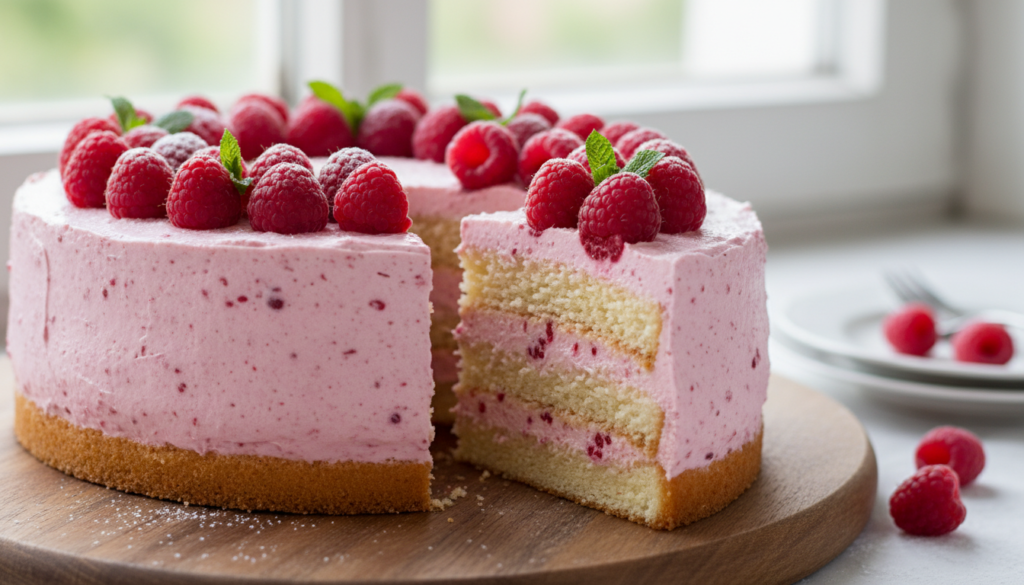 Schnittfeste Himbeercreme Torte ohne Gelatine.