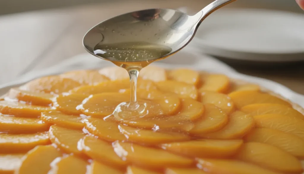 Tortenguss gleichmäßig über Pfirsiche auf der Torte verteilen.