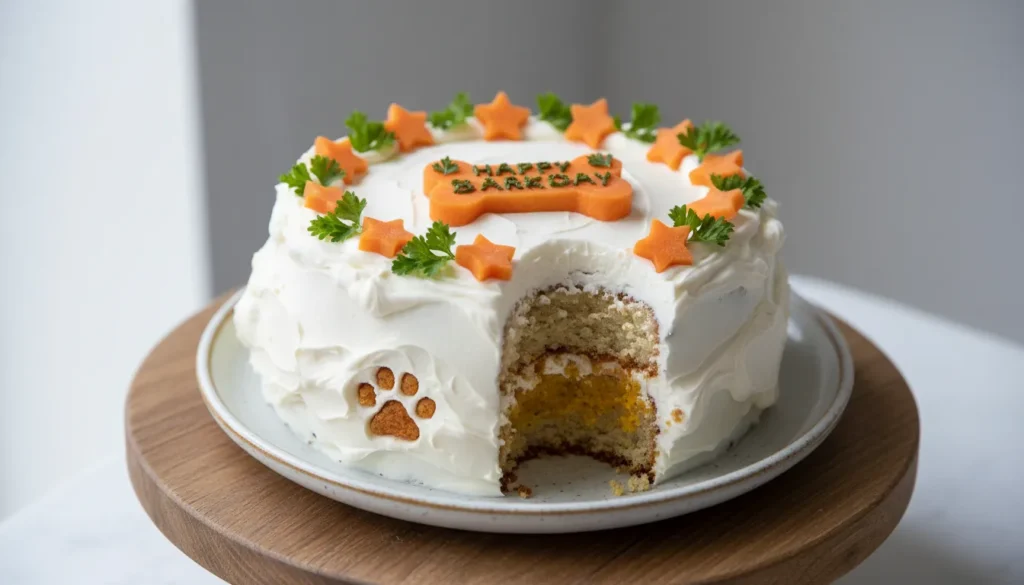 Hundetorte Geburtstag ohne Backen aus Leberwurst und Quark, festlich dekoriert.