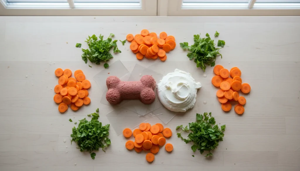 Zutaten für eine Hundetorte Geburtstag: hundegeeignete Leberwurst, Quark und Karotte.