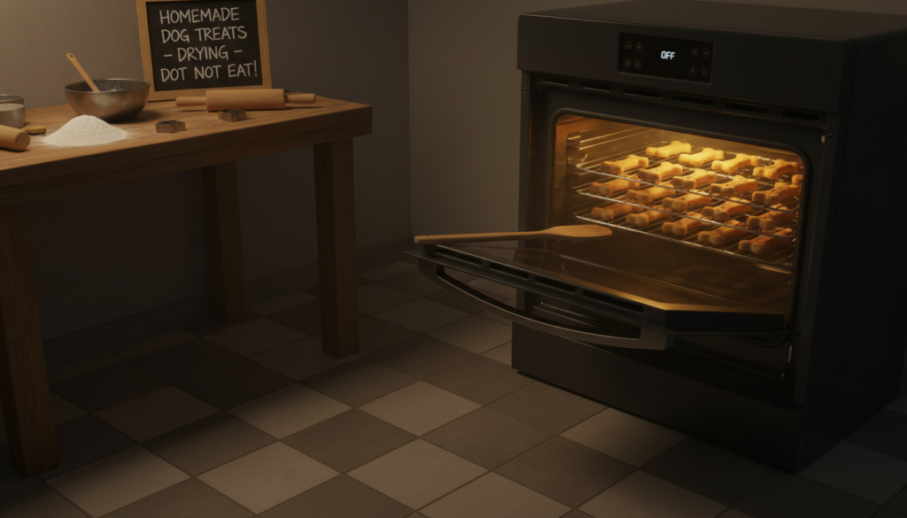 Nachtrocknen von Hundekeksen im ausgeschalteten Ofen zur besseren Haltbarkeit.