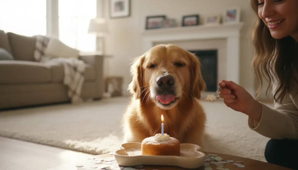 Hund genießt seine selbstgemachte Hundetorte zum Geburtstag.